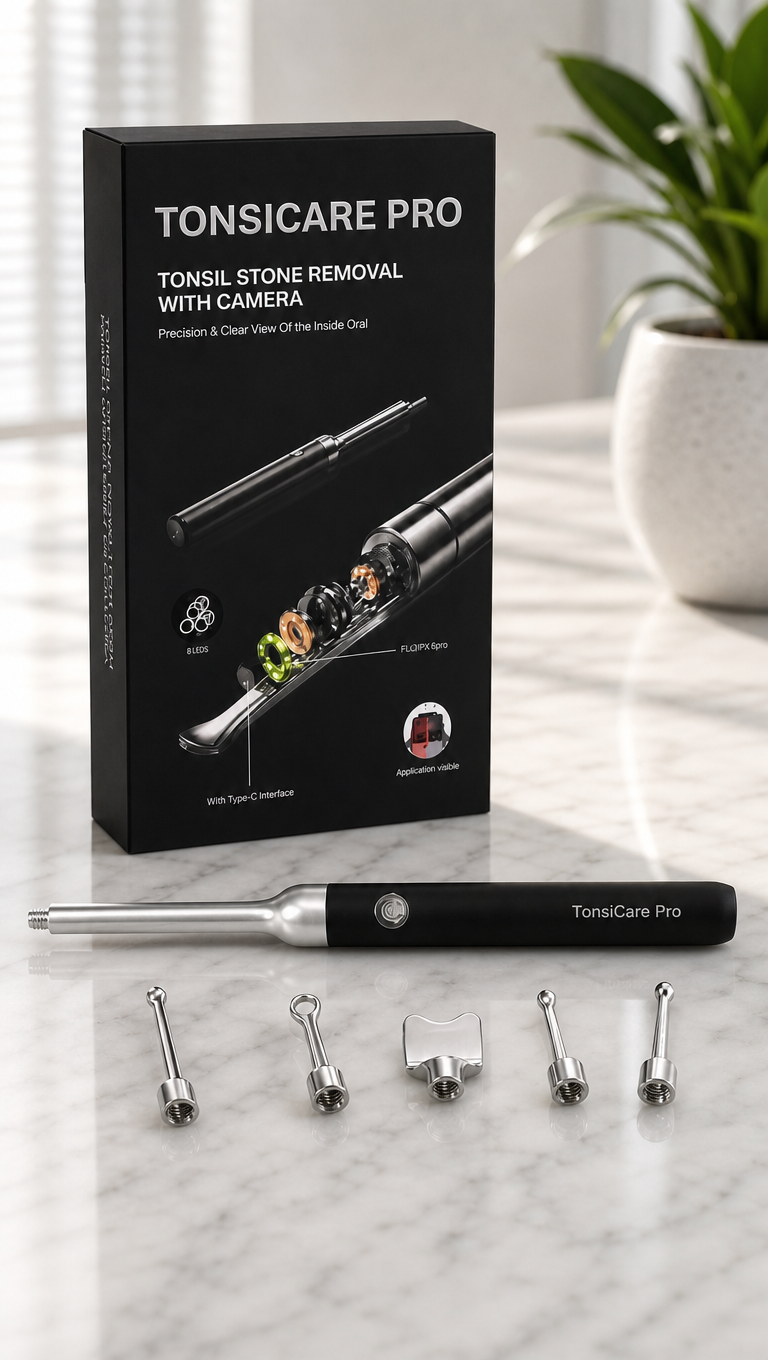 A hand holding the pen-sized TonsiCare Pro, showing its slim grip and touch button